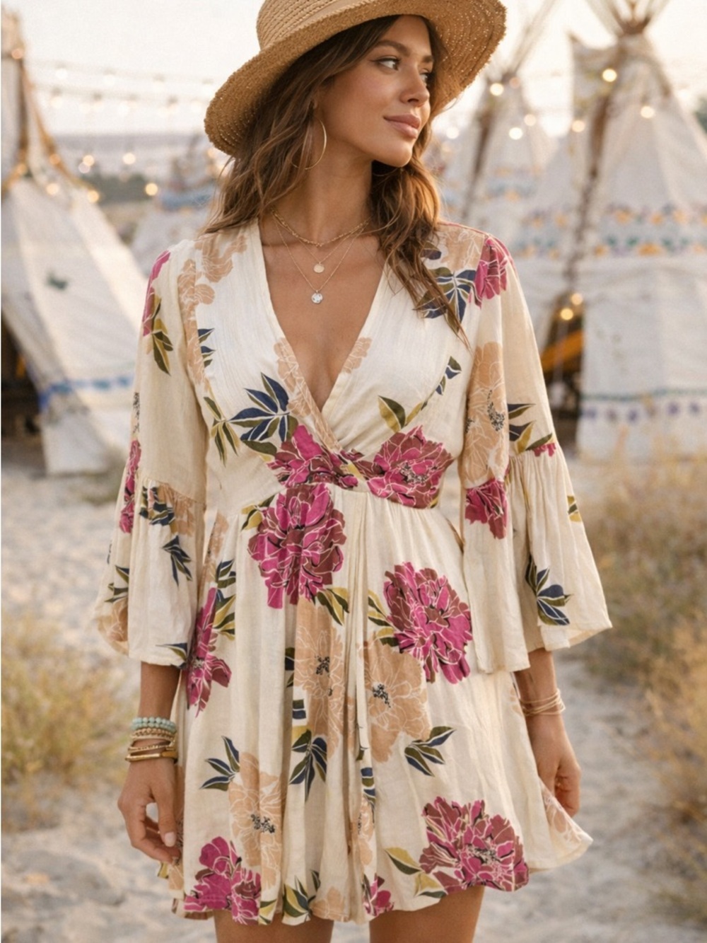 Festival Ready Billabong boho floral mini dress flowy empire waist bell sleeve S